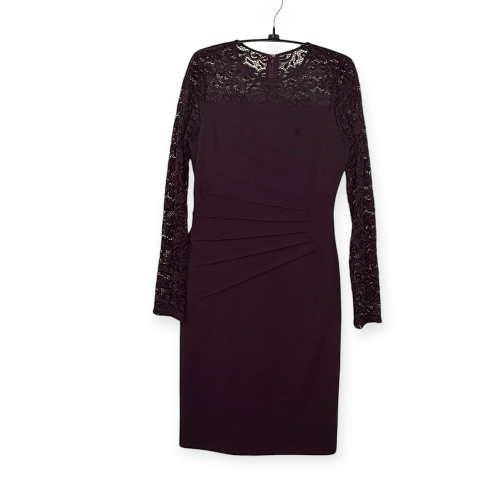 Deep Plum Sunburst Ruched Bodycon Dress Dark Vampy Romance Lace Sleeves Sz 2 - Picture 4 of 15